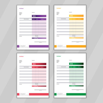 Simple and minimal design concept for corporate invoice design. Multi color editable design for finance document design. Easy to customize  invoice design presentation look simple.