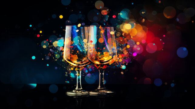 Wine glasses with colorful paint background. Celebration concept