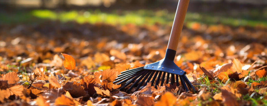 The Meticulous Act Of Raking Fallen Leaves In The Garden During The Autumn Season Focusing On The Detail Of The Rake . Сoncept Rakingtheautumnleaves, Gardening, Autumnseason, Meticulousdetail