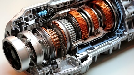 Cross-section of a car gearbox and clutch. - obrazy, fototapety, plakaty