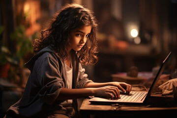 Indian girl using laptop to late night.