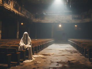 Spooky ghost on abandoned theatre stage. - obrazy, fototapety, plakaty