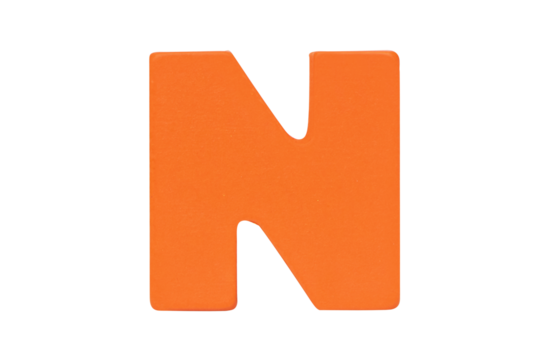 English alphabet letter uppercase "N" Isolated on cutout PNG. Wooden jigsaw orange tangram puzzle as shape "M". English. it is universal language used in learning education for children.	