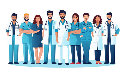 illustration of a medical staff, group of doctors and nurses.  Unity concept on white background. Generation AI