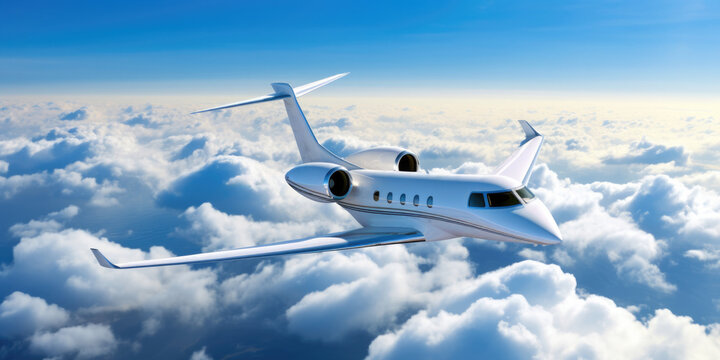 White Luxury Private Jet Flying Over The Earth A Realistic Photo Of A Private Jet Flying Against A Blue Sky With White Clouds