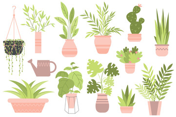 Home flowers set in cartoon design. The decoration of the collection of wonderful plants in pots is delicate colors and shades that convey a homely atmosphere. Vector illustration.