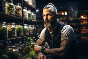 male seller in legal marijuana cannabis store behind the counter - obrazy, fototapety, plakaty