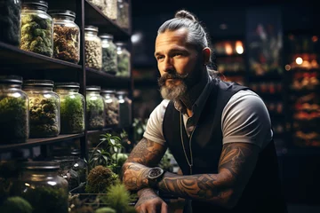 Zelfklevend Fotobehang male seller in legal marijuana cannabis store behind the counter © alexkoral