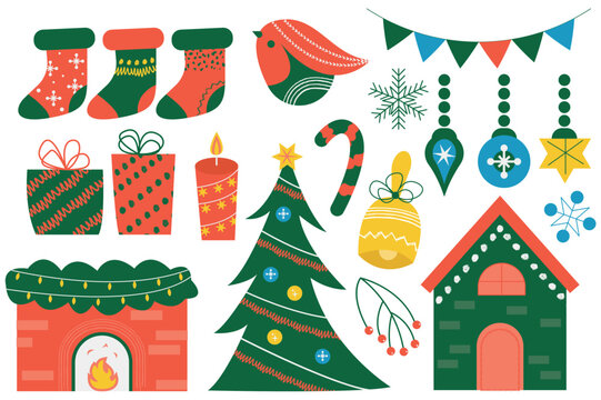 Christmas elements set in cartoon style. Collection of flat style illustration showcasing a variety of charming Christmas toys, perfect for capturing the holiday spirit. Vector illustration.