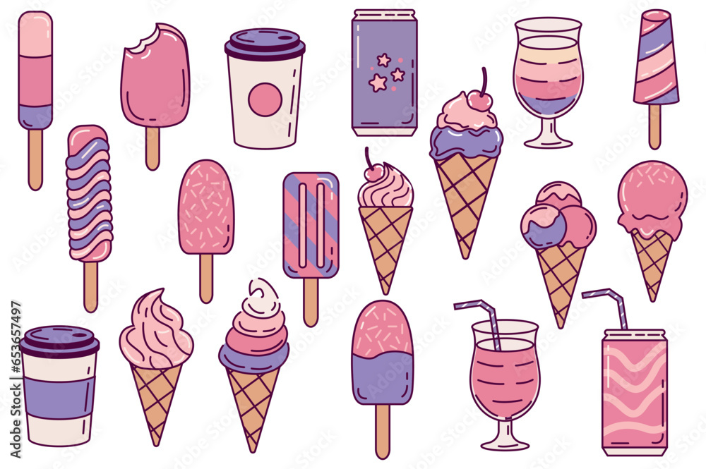 Poster ice cream and drinks set in cartoon style. this illustrations showcasing various ice cream cones and