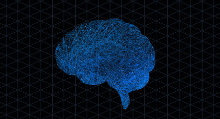 Brain graphic, neuro pattern and digital illustration with science hologram and mind connections. Black background, art and neuroscience pathway of intelligence, circuit system and cerebral lines