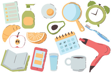 Morning routine set in cartoon design. The collection contains everything to spend the morning usefully: fruit, a book, an alarm clock, etc. Vector illustration.