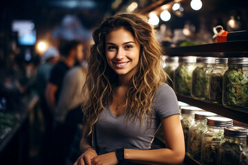 woman seller in marijuana shop. Happy girl customer choose and buy cannabis in store