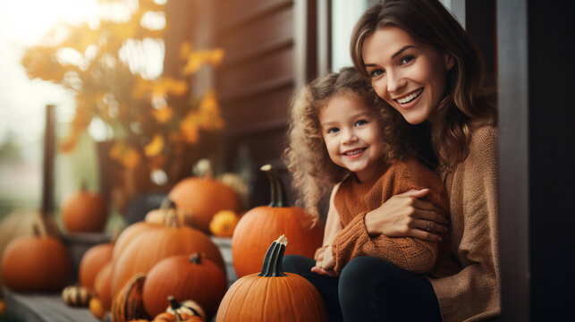 Happy family preparing for Halloween. Mother and children celebrate festival on the doorstep of a house decorated with pumpkins. Generation AI