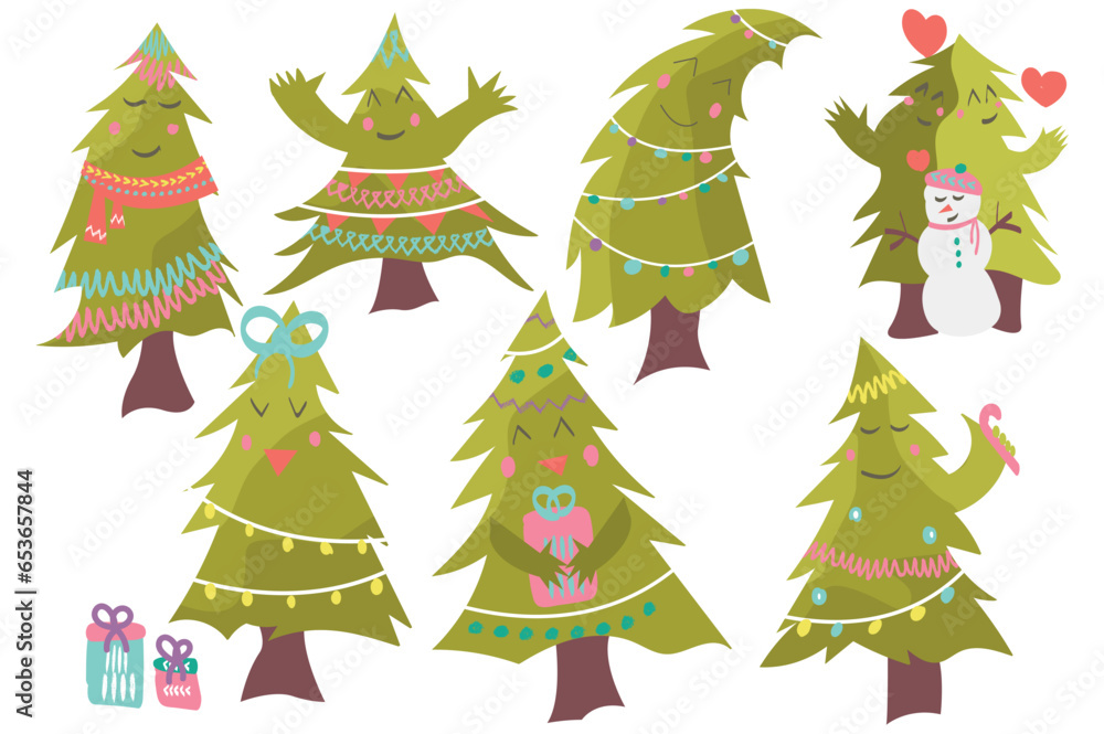 Poster christmas tree set in cartoon style. vibrant set featuring a delightful array of christmas trees, de