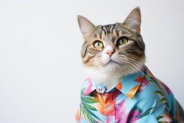 ragamuffin cat wearing a hawaiian shirt against a minimalist or empty room background