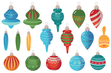 Christmas tree toys set in cartoon style. The set shows bright Christmas decorations of various shapes and designs, which convey the atmosphere of a winter holiday. Vector illustration.