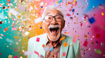 Happy laughing man with falling confetti. Birthday, New Year, fun celebration party
