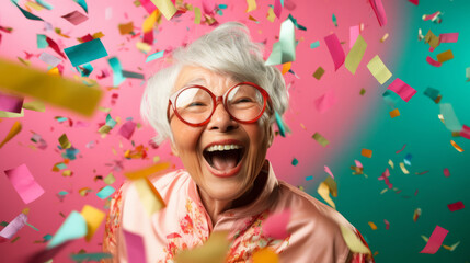 Happy laughing woman with falling confetti. Birthday, New Year, fun celebration party