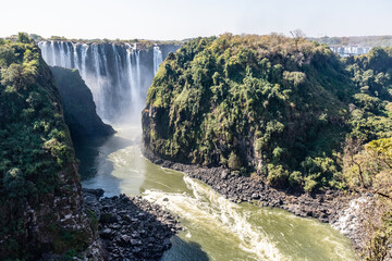 Victoria Falls, as seen from the Victoria Falls Bridge, connecting Zimbabwe and Zambia