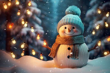 Happy snowman with winter landscape and snow