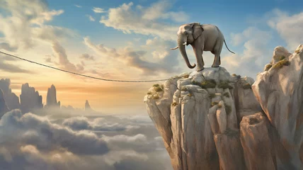 Foto auf Acrylglas elephant walking on rope high in sky, idea of achieving balance and stability even in challenging or precarious situations © andreusK