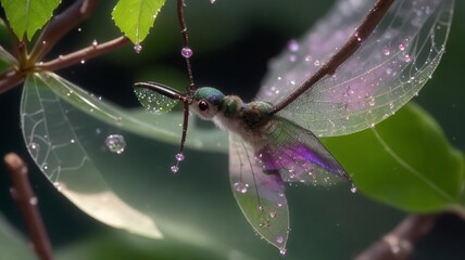 purple transparent dragonfly on a leaf