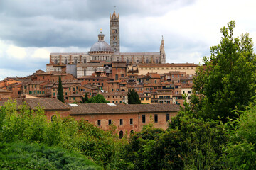 Fototapeta na wymiar View of the historic part of the city of Siena with the Duomo di Siena and green trees and bushes in the foreground against a stormy sky in the Tuscany region of Italy