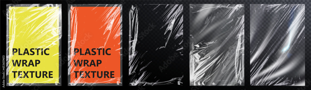 Aufkleber сollection of plastic wrap texture for background and photo overlay effect. realistic mockup of clea
