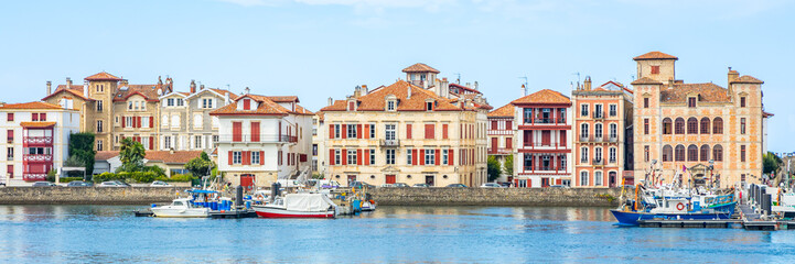 Panoramic view of the buildings of Quai de l'Infante and port of Saint-Jean-de-Luz, France