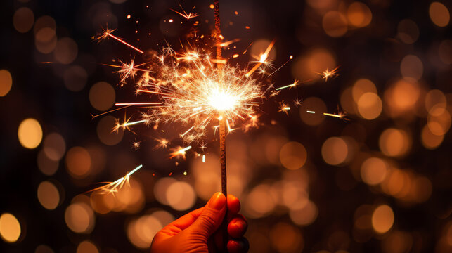 Hand holding sparkler. Festive Christmas, New Year, or birthday celebration concept