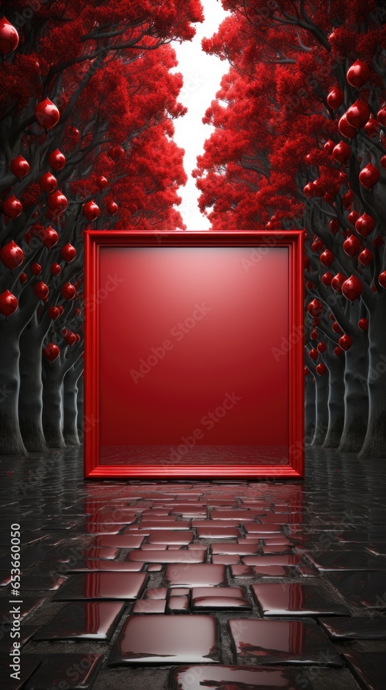 Aufkleber red empty frame in a forest with trees and water, ai