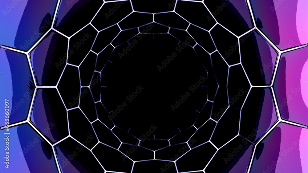 Poster abstract sci fi tunnel of spider web on a black background. design. hexagonal corridor with neon lin