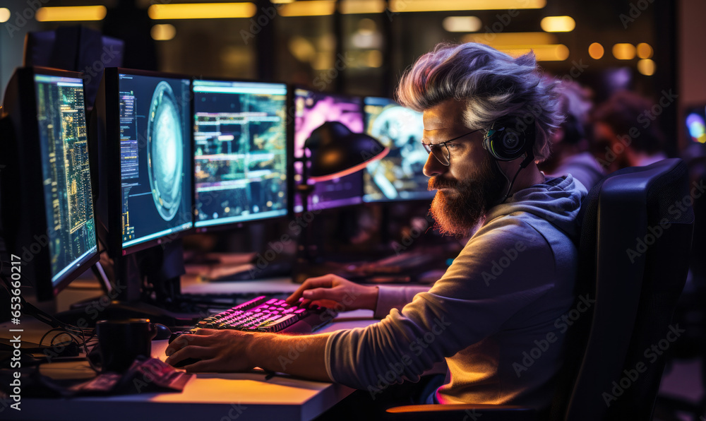 Poster behind the code: portrait of a skilled computer programmer