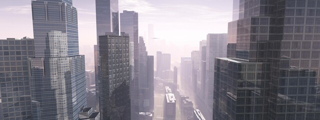 Street of skyscrapers in fog, modern high-rise buildings in the morning, street view of a modern city, 3D rendering