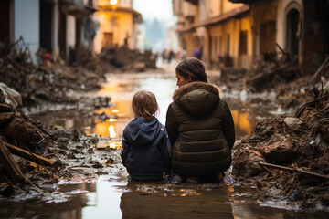 Sad mother and child looking the flooded city - Generative AI