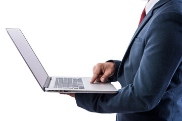businessman using a personal computer or laptop device on transparent background