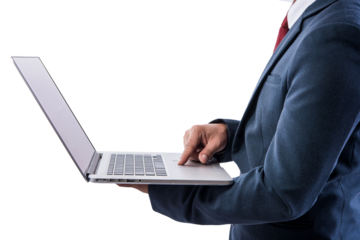 businessman using a personal computer or laptop device on transparent background