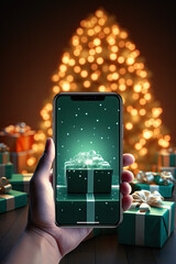 Christmas shopping app, smartphone mockup on Christmas scene background