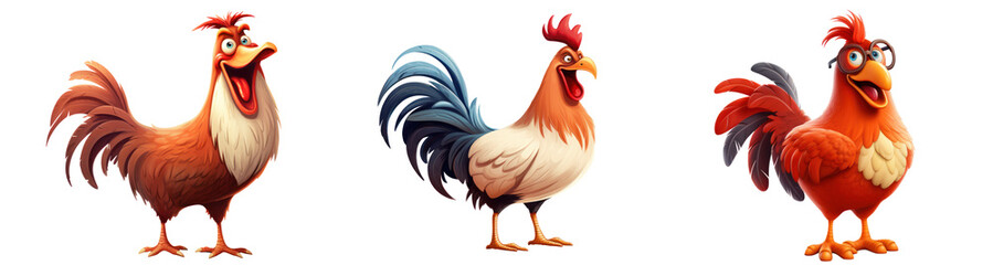 a funny smiling rooster, cartoon, set, isolated - obrazy, fototapety, plakaty