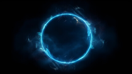 Round mystical neon blue color geometric circle on a dark background - obrazy, fototapety, plakaty