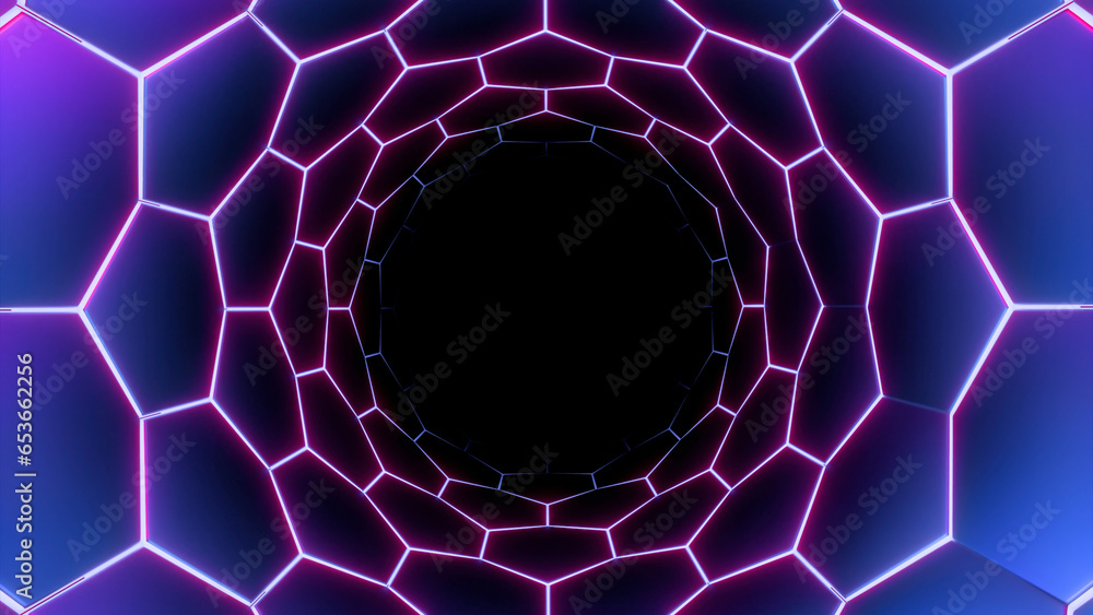 Poster abstract sci fi tunnel of spider web on a black background. design. hexagonal corridor with neon lin
