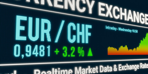 EUR - CHF currency exchange rate up. Euro rises against Swiss franc. Currency trading, business, economy, loss. 3D illustration - obrazy, fototapety, plakaty
