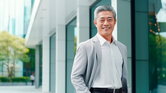 a asian businessman smiling outside of office building