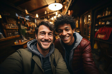 Portrait shot of smiling multiracial gay couple taking selfie on mobile, smartphone while sitting in bar cafe or calling friends, relatives. Happy generation z millenials LGBTQ relationship concept