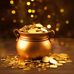 Happy Dhanteras background with golden pot filled with gold coins - ai generative