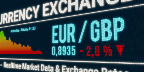 EUR - GBP currency exchange rate down. Euro drops against British pound . Currency trading, business, economy, loss. 3D illustration