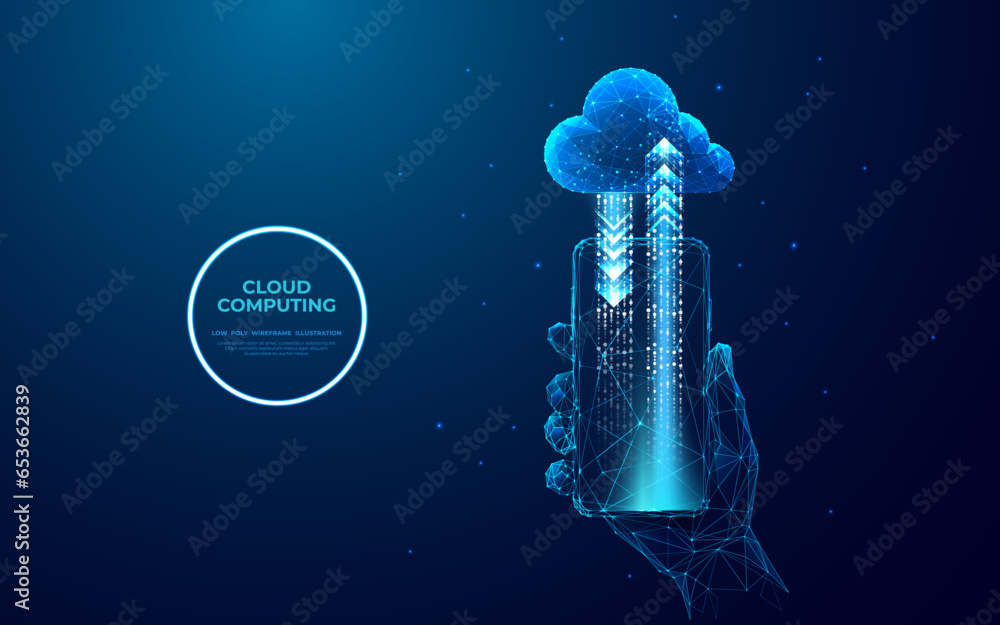 Fototapete Abstract cloud storage icon with arrows up and down on the smartphone screen. Cloud technology system. Futuristic technology style. Low poly wireframe vector illustration. Blue hologram sci-fi style.