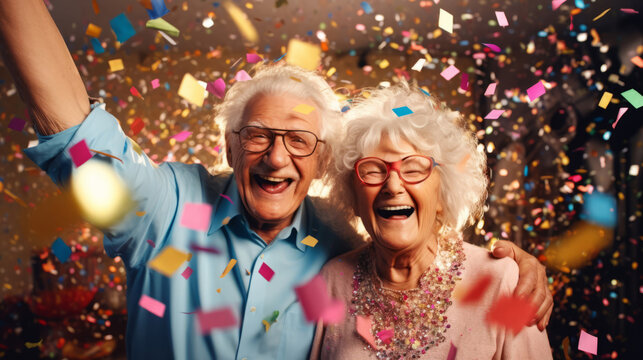 Happy senior couple celebrating birthday and in retirement with confetti and fun.
