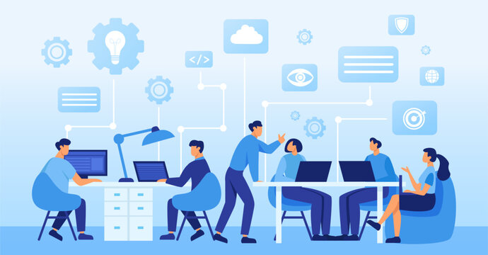 Vector of a team of people working on a new project in an open space office